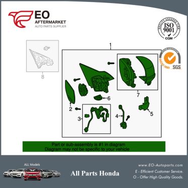 Mirror Assembly L For 2014-16 Honda Accord Sedan EX-L, EXL-V6 76250-T2G-A12ZA